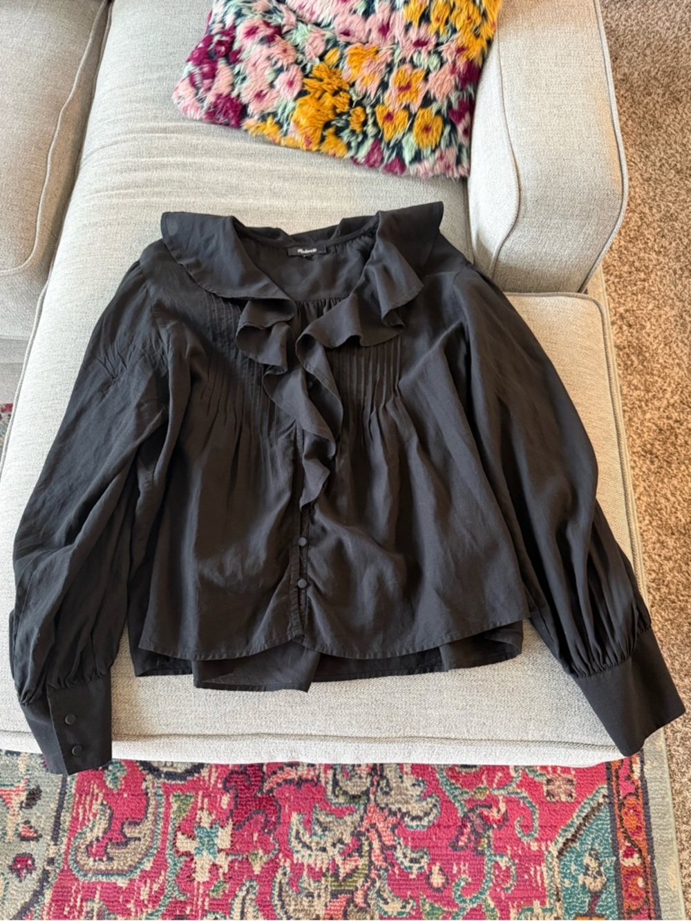 Madewell Black Sheer Ruffled Button-Front Blouse